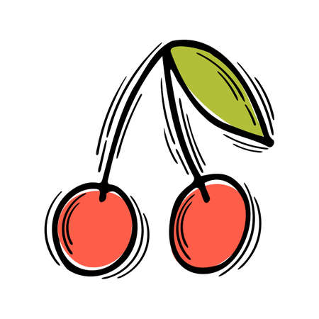 Hand drawn colored cherry on white background. Cute summer element. Doodle, sketch. vector illustrationのイラスト素材