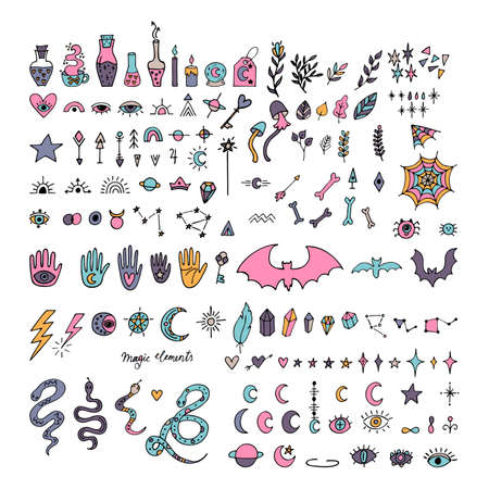 Mystical hand drawn elements. Doodle style. Magic, witchcraft, esoteric icons set. Halloween. vector illustrationのイラスト素材