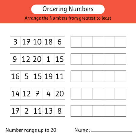 ordering numbers worksheet. Arrange the numbers from greatest to least. Number range up to 20. Math. vector illustrationのイラスト素材
