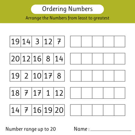 ordering numbers worksheet. Arrange the numbers from least to greatest. Number range up to 20. Math. vector illustrationのイラスト素材