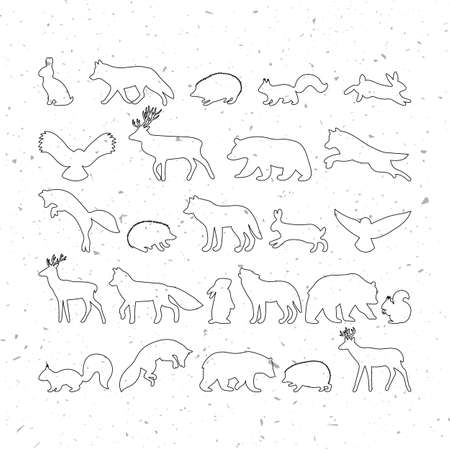 forest animals. silhouettes, stickers. Outline of wild forest animals. Bear, owl, hedgehog, deer, wolf, fox, squirrel, hare. vector illustrationのイラスト素材