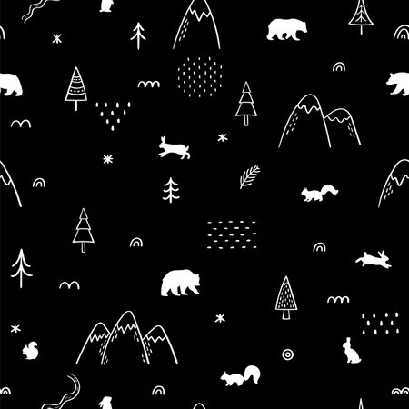 Seamless pattern with wild forest animals. hand drawn background. woodland life. vector illustrationのイラスト素材
