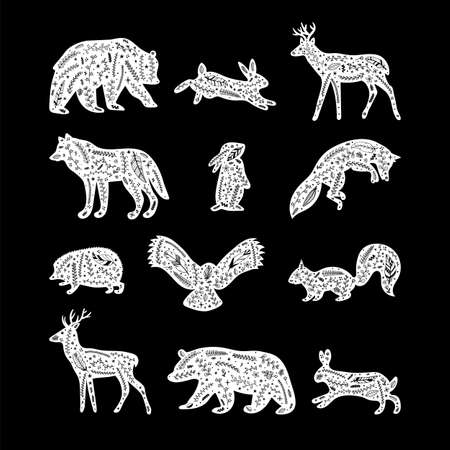 Forest animals with floral elements. hand drawn silhouettes. Flourish ornament. wild woodland animals. vector illustrationのイラスト素材