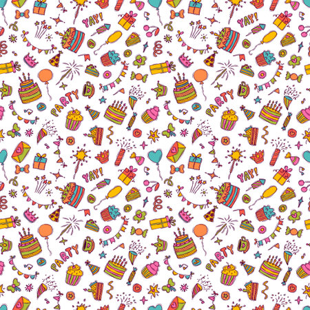 happy birthday. Hand drawn party seamless pattern. birthday theme. cute background. vector illustrationのイラスト素材