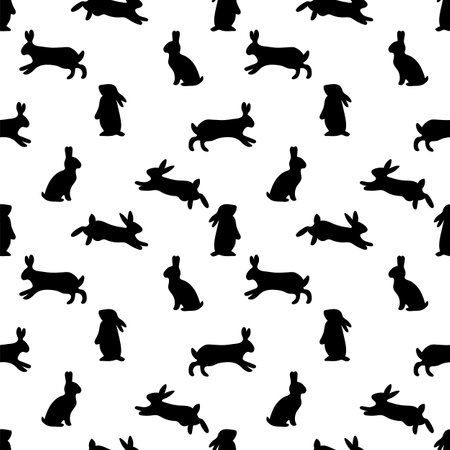 Hand drawn seamless pattern with hares silhouettes. Rabbit, bunny. Background with black animals. Vector illustrationのイラスト素材