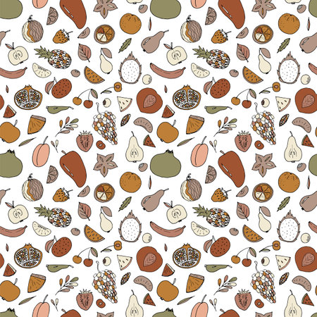 Cute hand drawn seamless pattern with summer fruits and berries. Healthy food background. Trendy textile print. Vector illustrationのイラスト素材