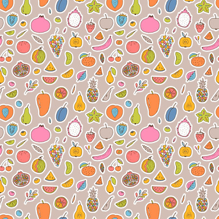 Cute hand drawn seamless pattern with summer fruits and berries. Healthy food background. Trendy textile print. Vector illustrationのイラスト素材