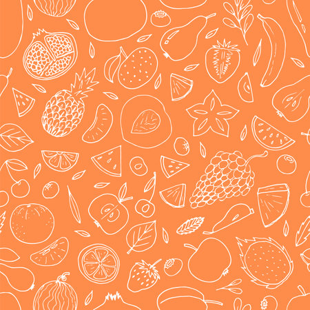 Cute hand drawn seamless pattern with summer fruits and berries. Healthy food background. Trendy textile print. Vector illustrationのイラスト素材