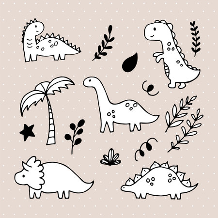 Cute hand drawn dinosaurs and tropical plants. Dino collection for kids. Funny characters set. Vector illustrationのイラスト素材