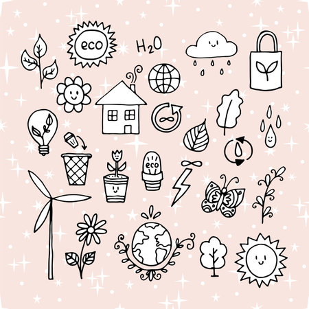 Hand drawn ecology, eco icons. Zero waste concept. Alternative energy. Ecological, green lifestyle. Vector illustrationのイラスト素材