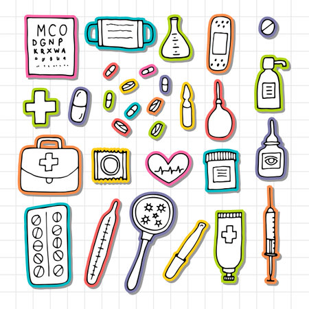 Hand drawn medicine icons. Health care, pharmacy, first aid. Outline design. Doodle style. Vector illustrationのイラスト素材
