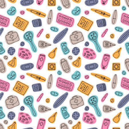 Health care seamless pattern. Hand drawn medicine elements. Pharmacy, medical background. Vector illustrationのイラスト素材