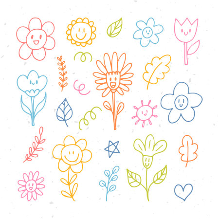 Cute hand drawn happy flowers. Doodle. Funny faces. Floral design elements. Outline. Vector illustrationのイラスト素材