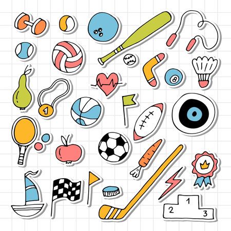 Set of hand drawn sport elements. Sport equipments icons collection. Fitness, healthy lifestyle. Vector illustrationのイラスト素材