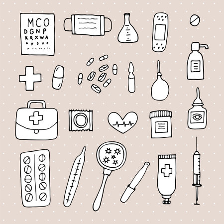 Hand drawn medicine icons. Health care, pharmacy, first aid. Outline design. Doodle style. Vector illustrationのイラスト素材