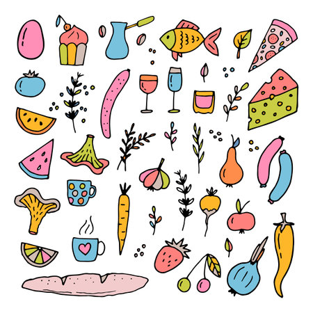 Hand drawn set of different food and drinks. Doodle style. Healthy food ingredients. Vector illustrationのイラスト素材