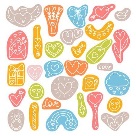 Collection of romantic objects and symbols. Love, wedding, date, Valentine. Hand drawn, doodle, sketch style line. Vector illustrationのイラスト素材