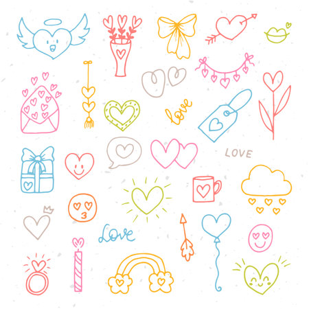 Collection of romantic objects and symbols. Love, wedding, date, Valentine. Hand drawn, doodle, sketch style line. Vector illustrationのイラスト素材