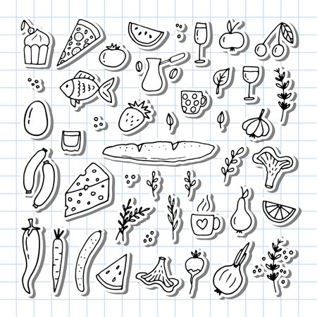 Hand drawn set of different food and drinks. Doodle style. Healthy food ingredients. Vector illustrationのイラスト素材