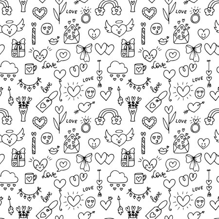 Love background. Romantic seamless pattern. Valentine, wedding design. Wrapping paper. Hand drawn, sketch, doodle. Vector illustrationのイラスト素材
