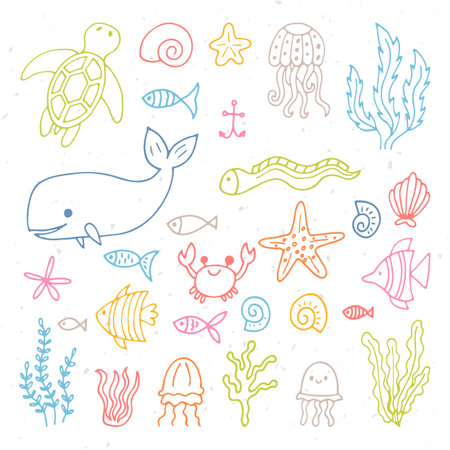 Set of sea animals in hand drawn style. Ocean life. Underwater, under the sea, marine. Vector illustrationのイラスト素材