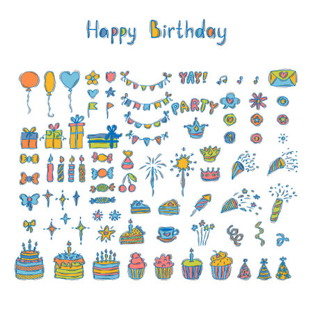 Hand drawn Birthday elements. Holiday collection. Doodle decoration. Party time clipart. Set of party elements. Vector illustrationのイラスト素材