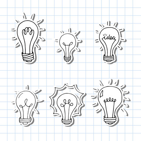 Hand drawn light bulbs. Doodle light bulb. Idea concept. Sketch, minimalistic design. Vector illustrationのイラスト素材