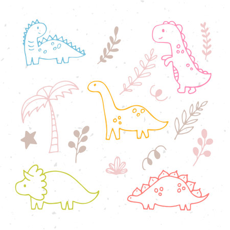 Cute hand drawn dinosaurs and tropical plants. Dino collection for kids. Funny characters set. Vector illustrationのイラスト素材