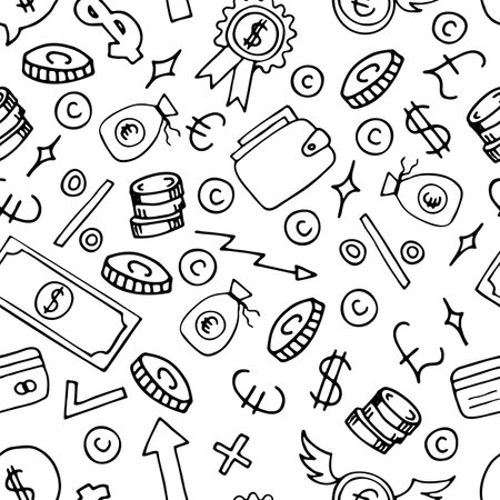 Hand drawn seamless pattern with business and finance elements. Investment. Doodle, sketch style. Money background. Vector illustrationのイラスト素材