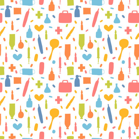 Health care seamless pattern. Hand drawn medicine elements. Pharmacy, medical background. Vector illustrationのイラスト素材