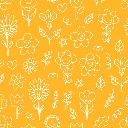 Cute seamless pattern with hand drawn happy flowers. Funny kawaii elements. Floral doodle background. Childish print. Vector illustrationのイラスト素材