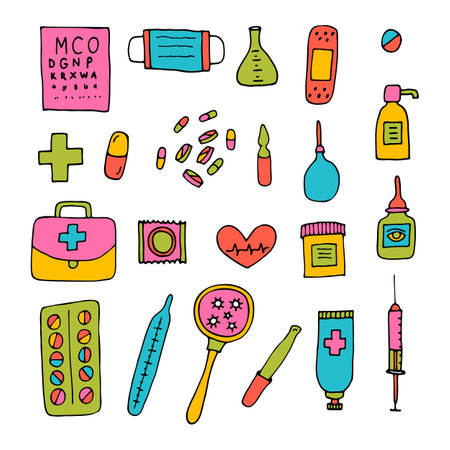 Hand drawn medicine icons. Health care, pharmacy, first aid. Outline design. Doodle style. Vector illustrationのイラスト素材