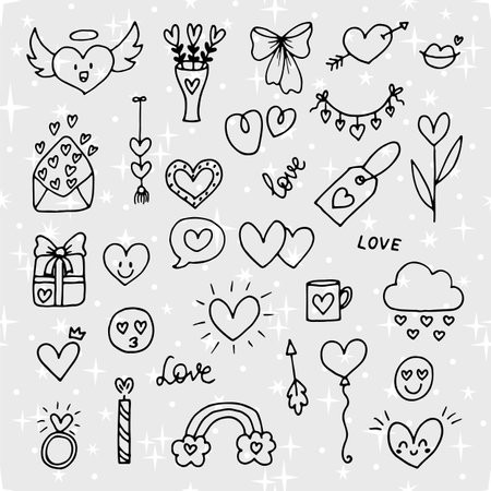 Collection of romantic objects and symbols. Love, wedding, date, Valentine. Hand drawn, doodle, sketch style line. Vector illustrationのイラスト素材