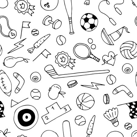 Sport doodle hand drawn seamless pattern. Sport equipments. Fitness, healthy lifestyle. Vector illustrationのイラスト素材