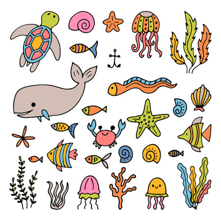 Set of sea animals in hand drawn style. Ocean life. Underwater, under the sea, marine. Vector illustrationのイラスト素材