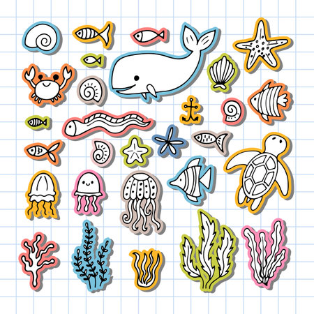 Set of sea animals in hand drawn style. Ocean life. Underwater, under the sea, marine. Vector illustrationのイラスト素材