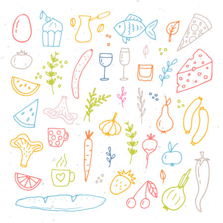 Hand drawn set of different food and drinks. Doodle style. Healthy food ingredients. Vector illustrationのイラスト素材