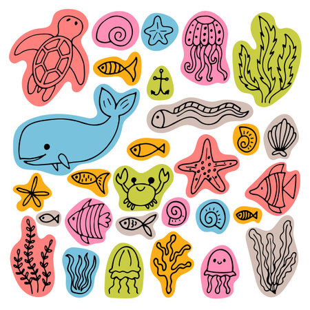 Set of sea animals in hand drawn style. Ocean life. Underwater, under the sea, marine. Vector illustrationのイラスト素材