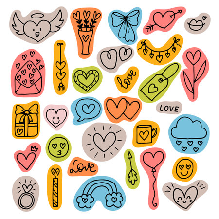 Collection of romantic objects and symbols. Love, wedding, date, Valentine. Hand drawn, doodle, sketch style line. Vector illustrationのイラスト素材
