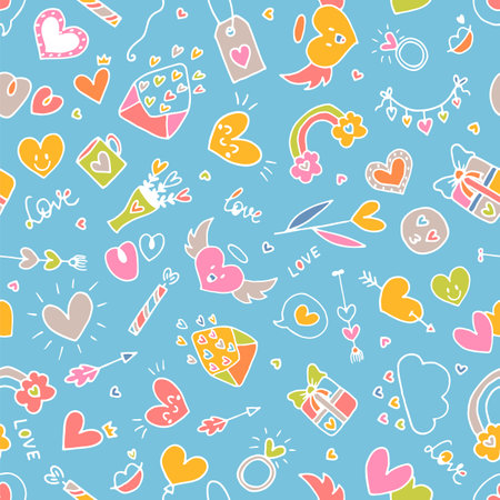 Love background. Romantic seamless pattern. Valentine, wedding design. Wrapping paper. Hand drawn, sketch, doodle. Vector illustrationのイラスト素材