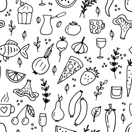 Hand drawn seamless pattern with different type of food and drinks. Doodle style. Healthy food. Vector illustrationのイラスト素材