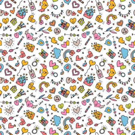 Love background. Romantic seamless pattern. Valentine, wedding design. Wrapping paper. Hand drawn, sketch, doodle. Vector illustrationのイラスト素材