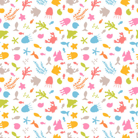 Hand drawn seamless pattern with underwater animals. Ocean, sea life. Nautical background. Vector illustrationのイラスト素材