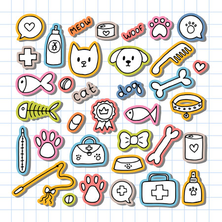 Hand drawn vet icons. Pet shop or store concept. Caring for animals dogs, cats. Pets stuff and supply set. Vector illustrationのイラスト素材