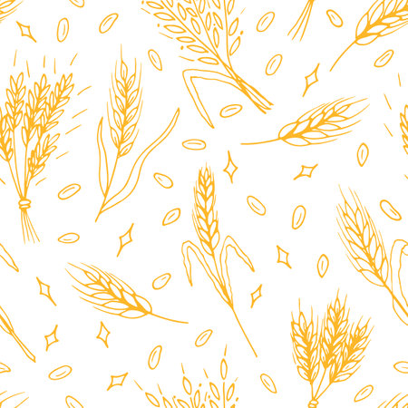 Seamless pattern with hand drawn spikelets of wheat in sketch. Grain ears. Rye, barley, wheat. Vector illustrationのイラスト素材