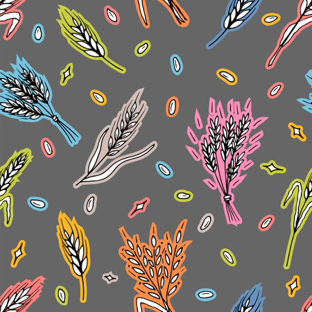 Seamless pattern with hand drawn spikelets of wheat in sketch. Grain ears. Rye, barley, wheat. Vector illustrationのイラスト素材