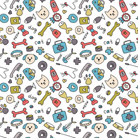 Cute pet seamless pattern. Hand drawn animal background for pet shop, store or vet. Veterinary medicine. Vector illustrationのイラスト素材