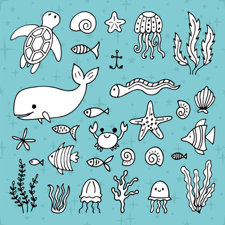 Set of sea animals in hand drawn style. Ocean life. Underwater, under the sea, marine. Vector illustrationのイラスト素材