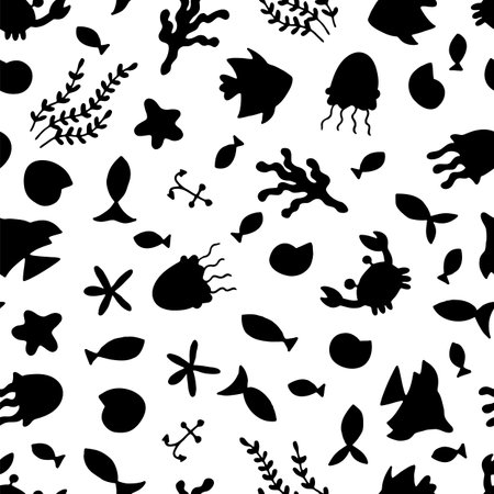Hand drawn seamless pattern with underwater animals. Ocean, sea life. Nautical background. Vector illustrationのイラスト素材