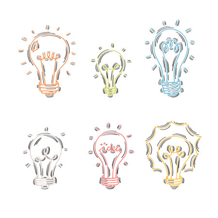 Hand drawn light bulbs. Doodle light bulb. Idea concept. Sketch, minimalistic design. Vector illustrationのイラスト素材